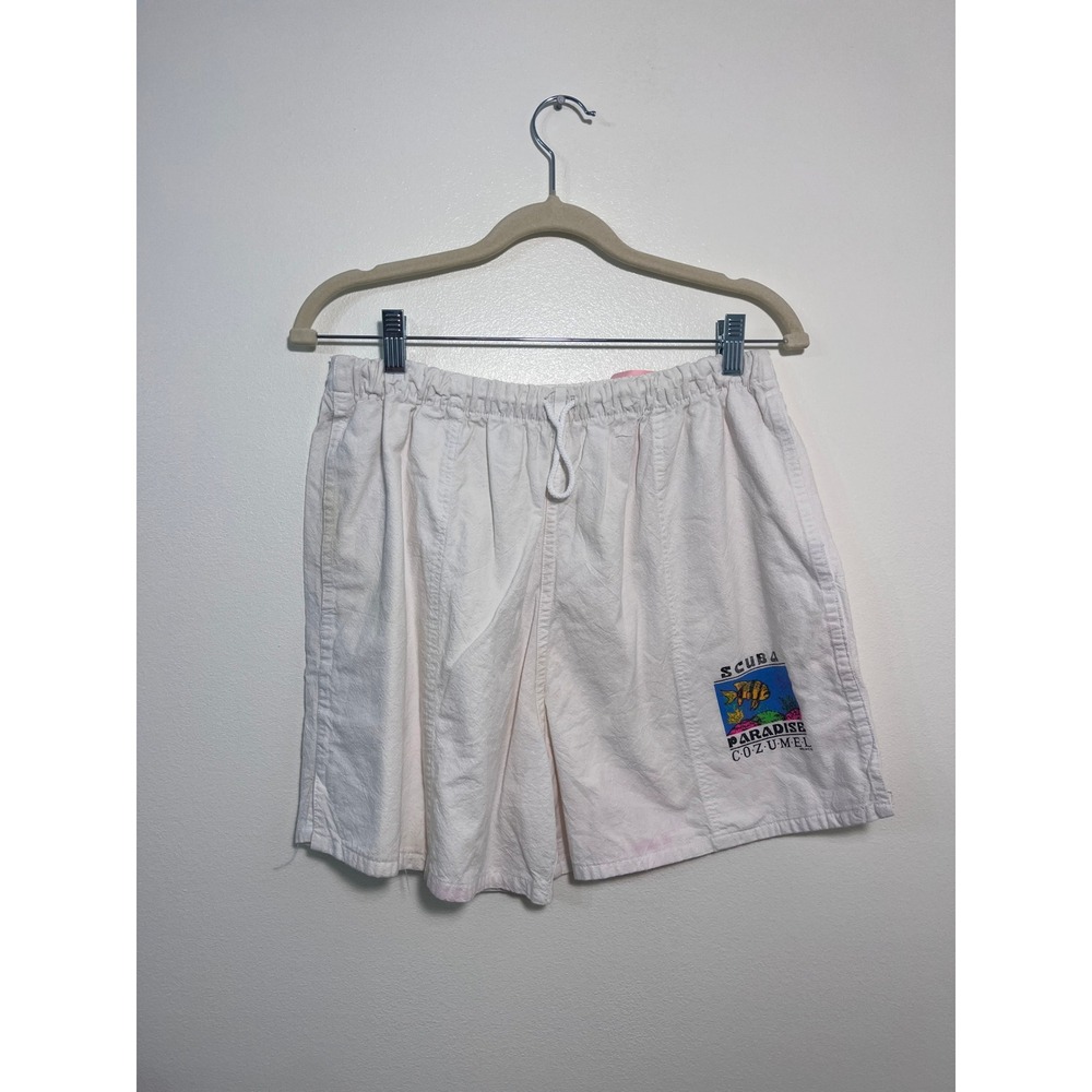 Vintage Scuba Paradise Cozumel Mexico Graphic Shorts White Cotton‎ Drawstring